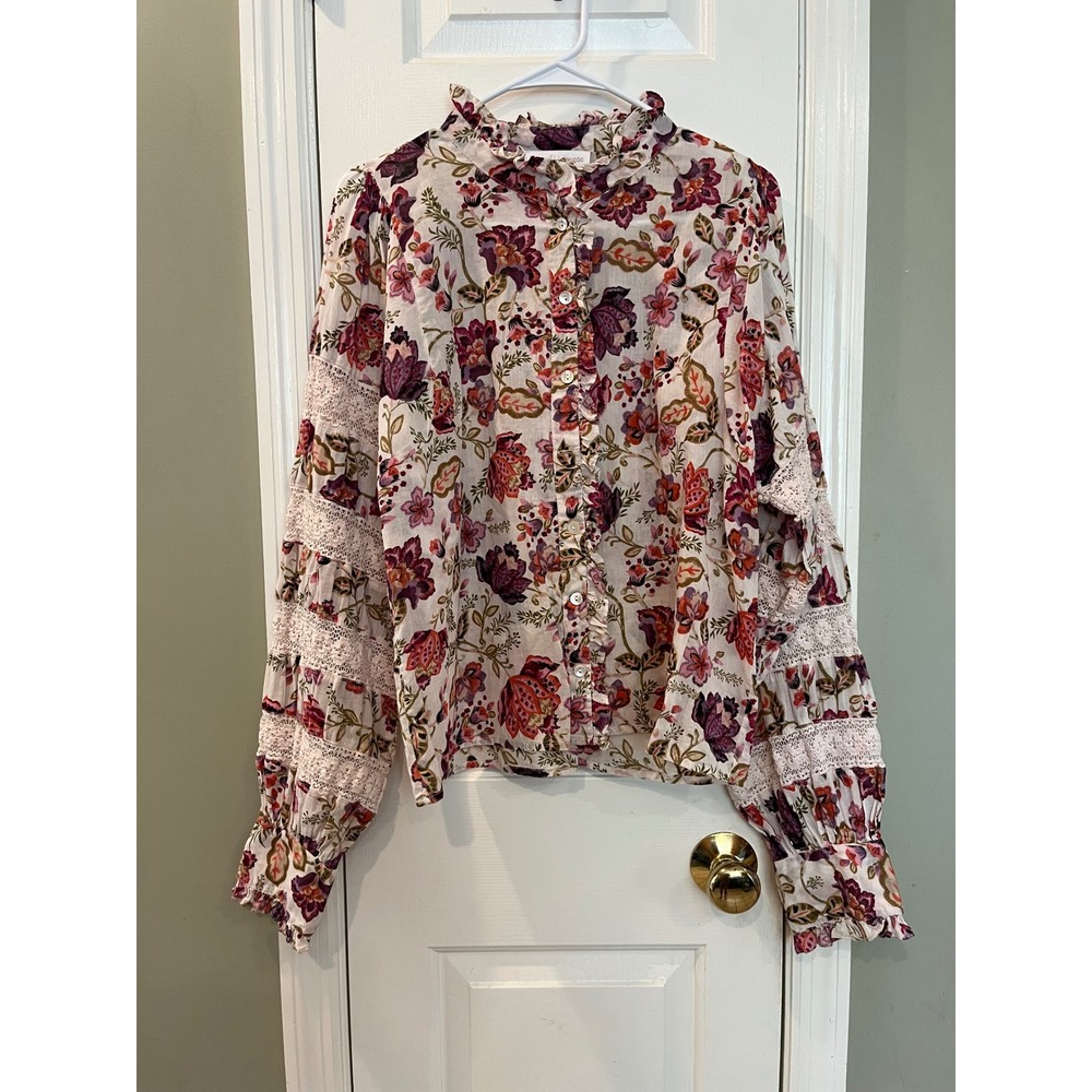 House of‎ Harlow 1960 Floral Lace Inset Ruffle Blouse Cotton Boho Top Small